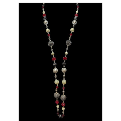 Premier Designs Vintage Glam Goth Silver Tone Red Faux Pearl Necklace 37 Inch