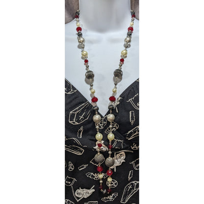 Premier Designs Vintage Glam Goth Silver Tone Red Faux Pearl Necklace 37 Inch
