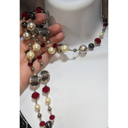 Premier Designs Vintage Glam Goth Silver Tone Red Faux Pearl Necklace 37 Inch