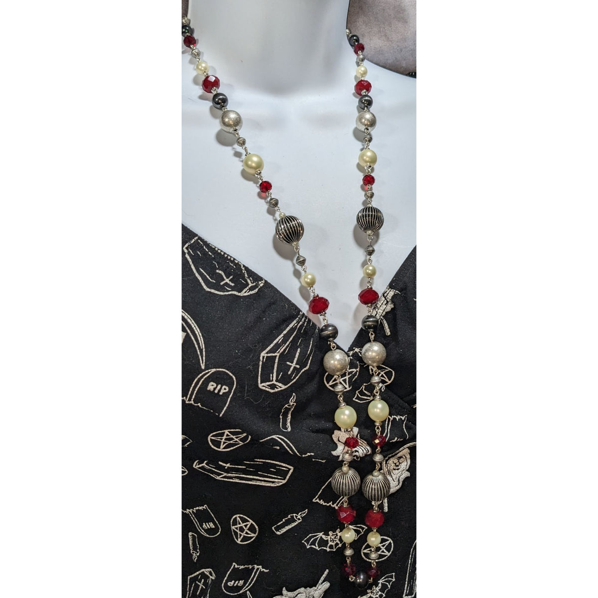 Premier Designs Vintage Glam Goth Silver Tone Red Faux Pearl Necklace 37 Inch