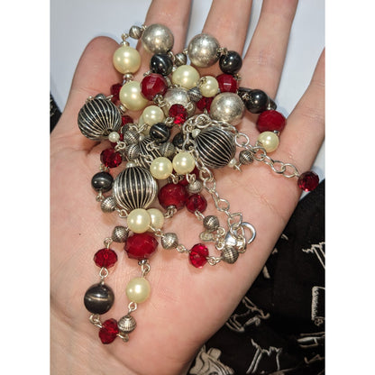 Premier Designs Vintage Glam Goth Silver Tone Red Faux Pearl Necklace 37 Inch