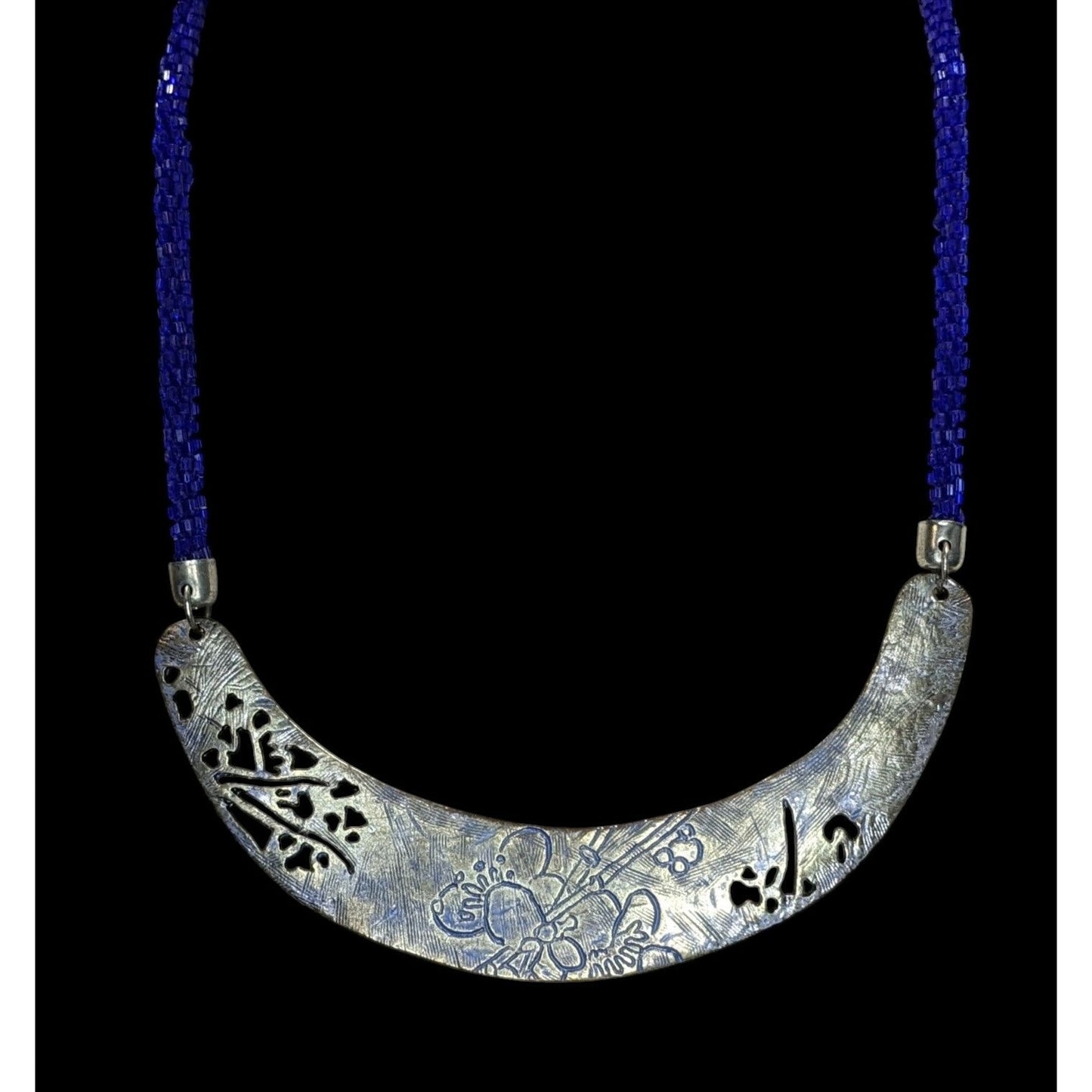 Vintage Glass Beaded Necklace Blue Silver Engraved Floral Centerpiece Boho