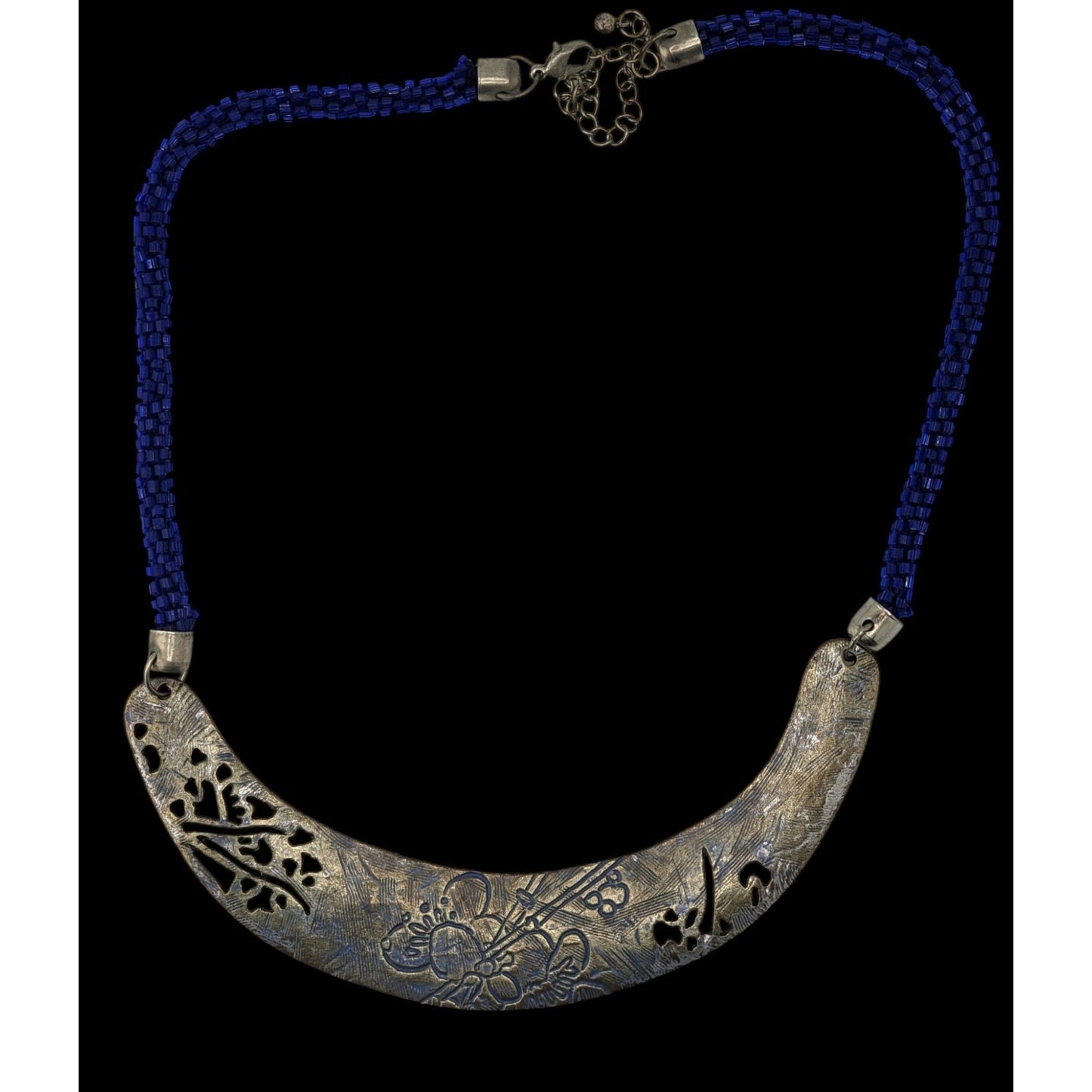 Vintage Glass Beaded Necklace Blue Silver Engraved Floral Centerpiece Boho