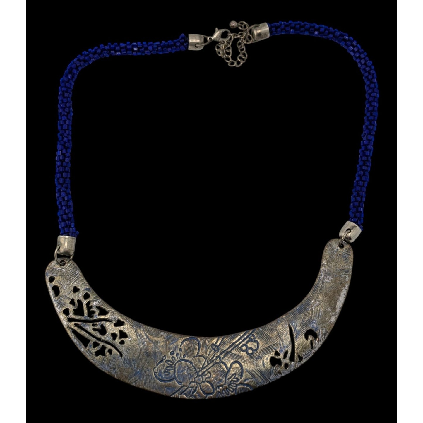 Vintage Glass Beaded Necklace Blue Silver Engraved Floral Centerpiece Boho
