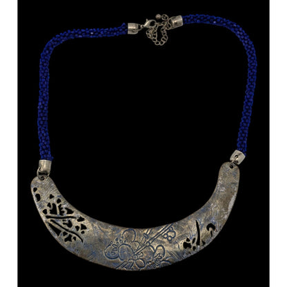 Vintage Glass Beaded Necklace Blue Silver Engraved Floral Centerpiece Boho