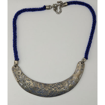 Vintage Glass Beaded Necklace Blue Silver Engraved Floral Centerpiece Boho