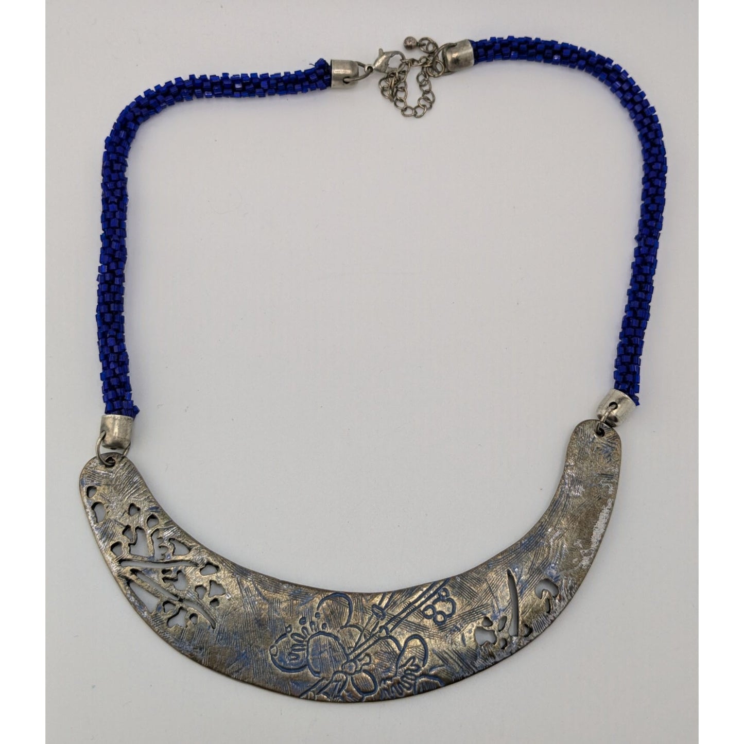 Vintage Glass Beaded Necklace Blue Silver Engraved Floral Centerpiece Boho