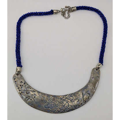 Vintage Glass Beaded Necklace Blue Silver Engraved Floral Centerpiece Boho