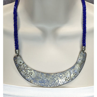 Vintage Glass Beaded Necklace Blue Silver Engraved Floral Centerpiece Boho
