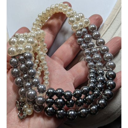 Elegant Multi-Strand Faux Pearl Necklace In White & Gray Ombre
