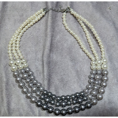 Elegant Multi-Strand Faux Pearl Necklace In White & Gray Ombre