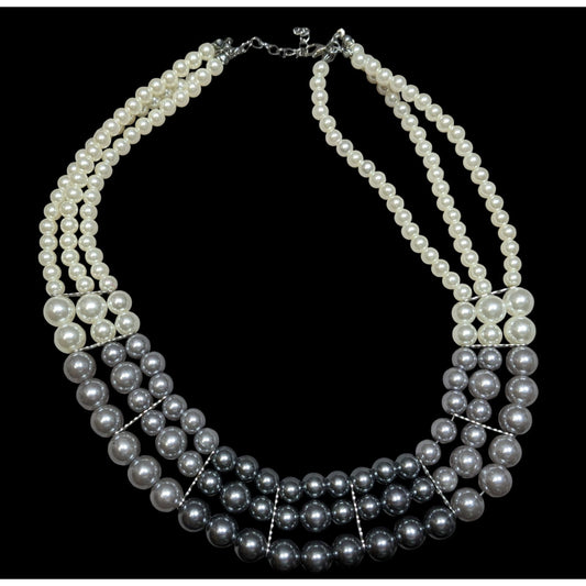 Elegant Multi-Strand Faux Pearl Necklace In White & Gray Ombre
