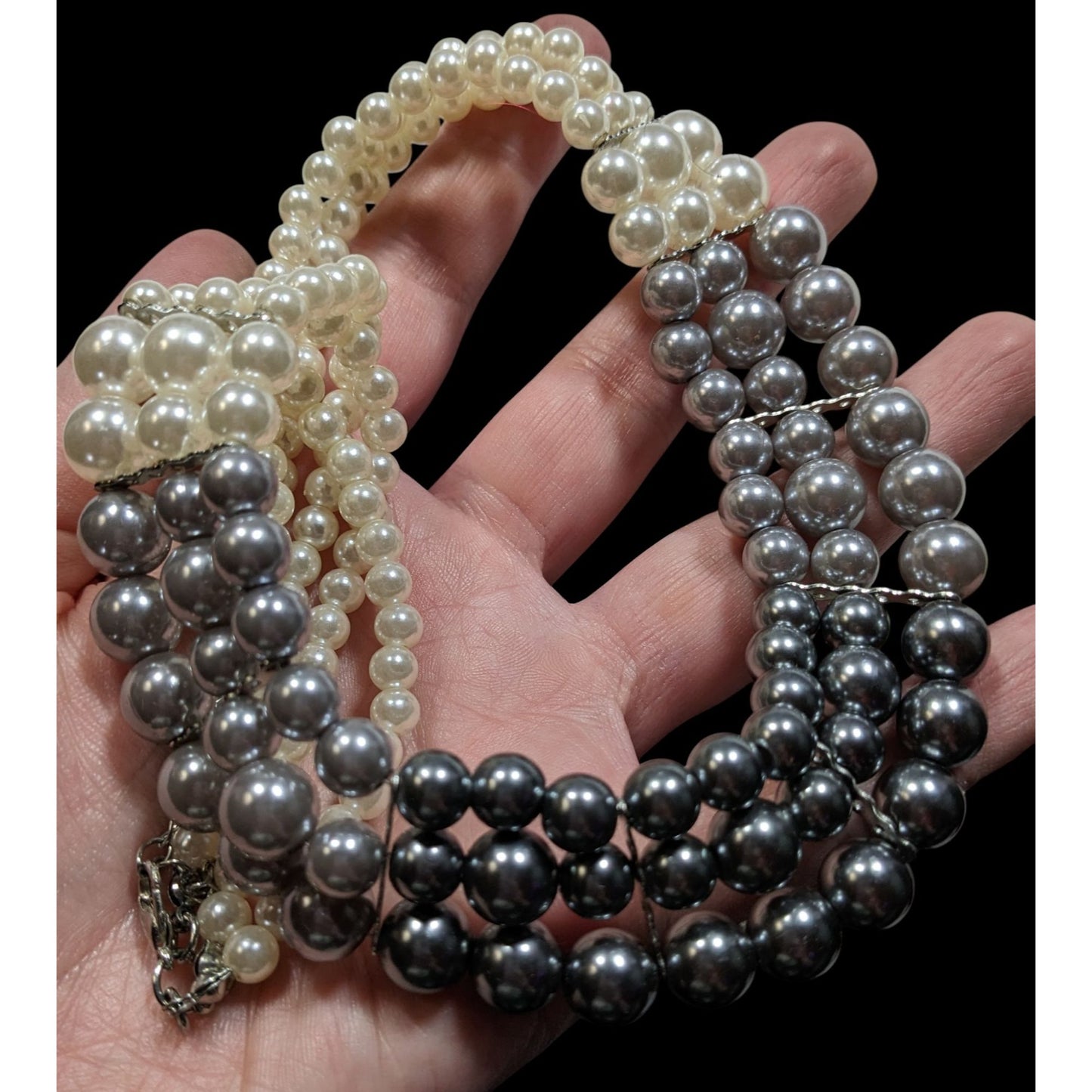 Elegant Multi-Strand Faux Pearl Necklace In White & Gray Ombre