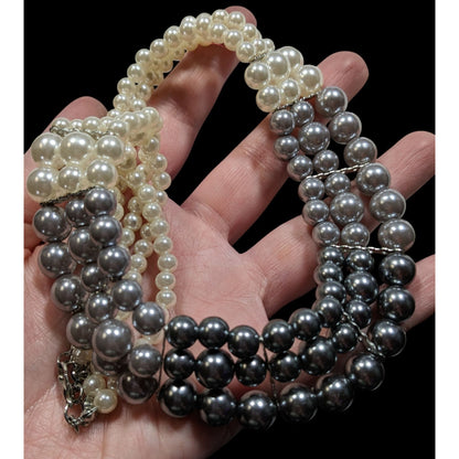 Elegant Multi-Strand Faux Pearl Necklace In White & Gray Ombre