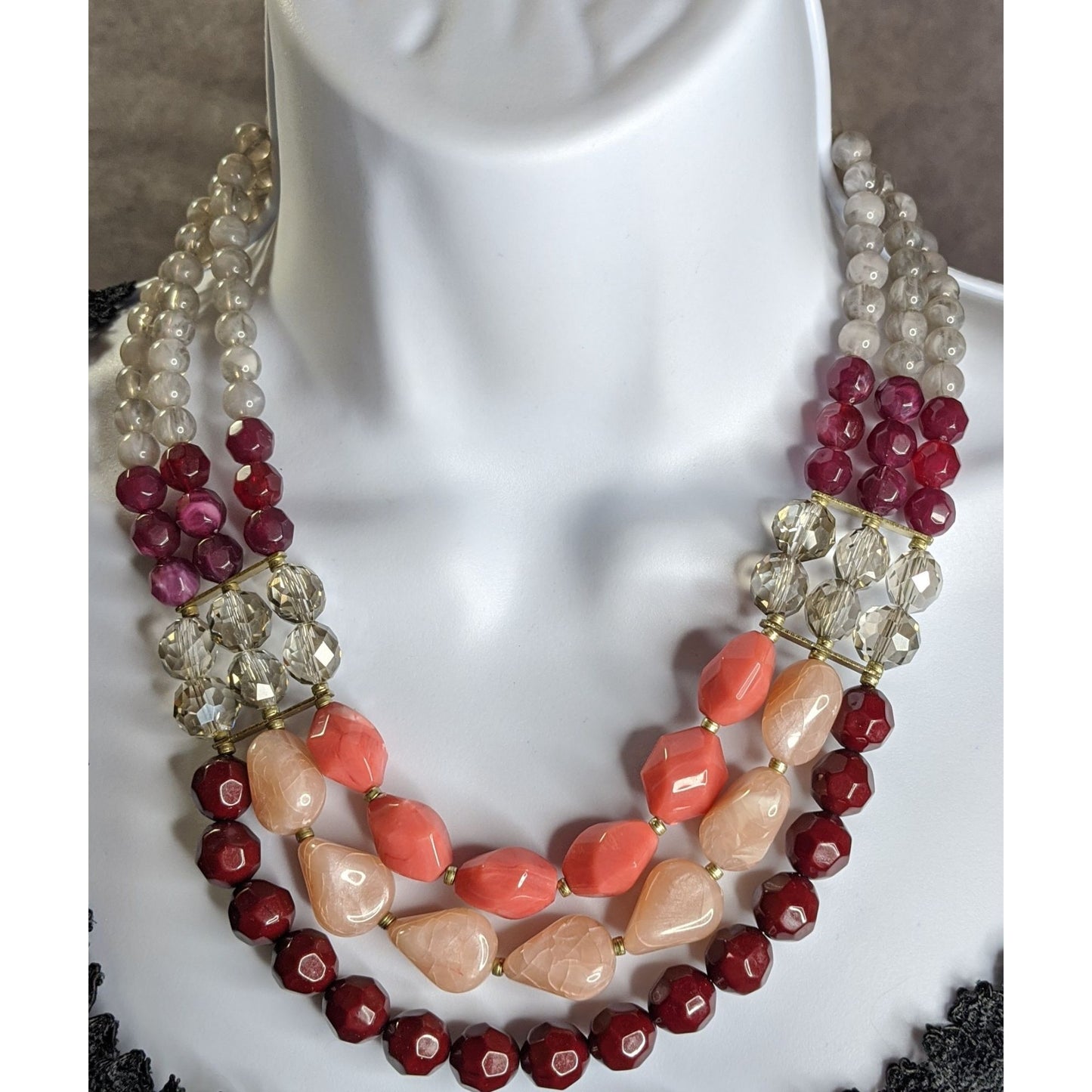 Red Pink And Clear Multi-Strand Beaded Statement Necklace