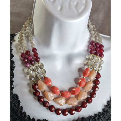 Red Pink And Clear Multi-Strand Beaded Statement Necklace