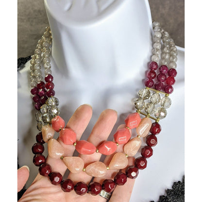 Red Pink And Clear Multi-Strand Beaded Statement Necklace