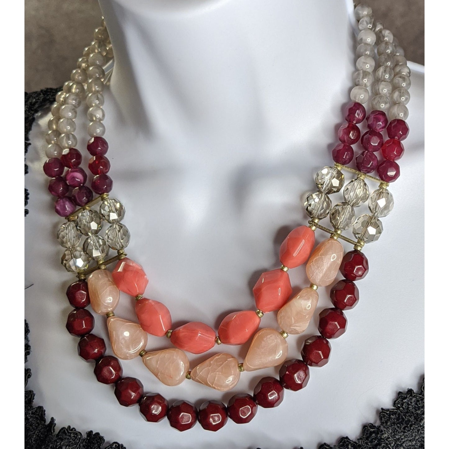 Red Pink And Clear Multi-Strand Beaded Statement Necklace