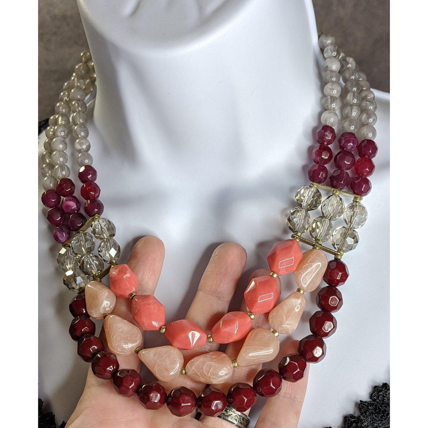 Red Pink And Clear Multi-Strand Beaded Statement Necklace
