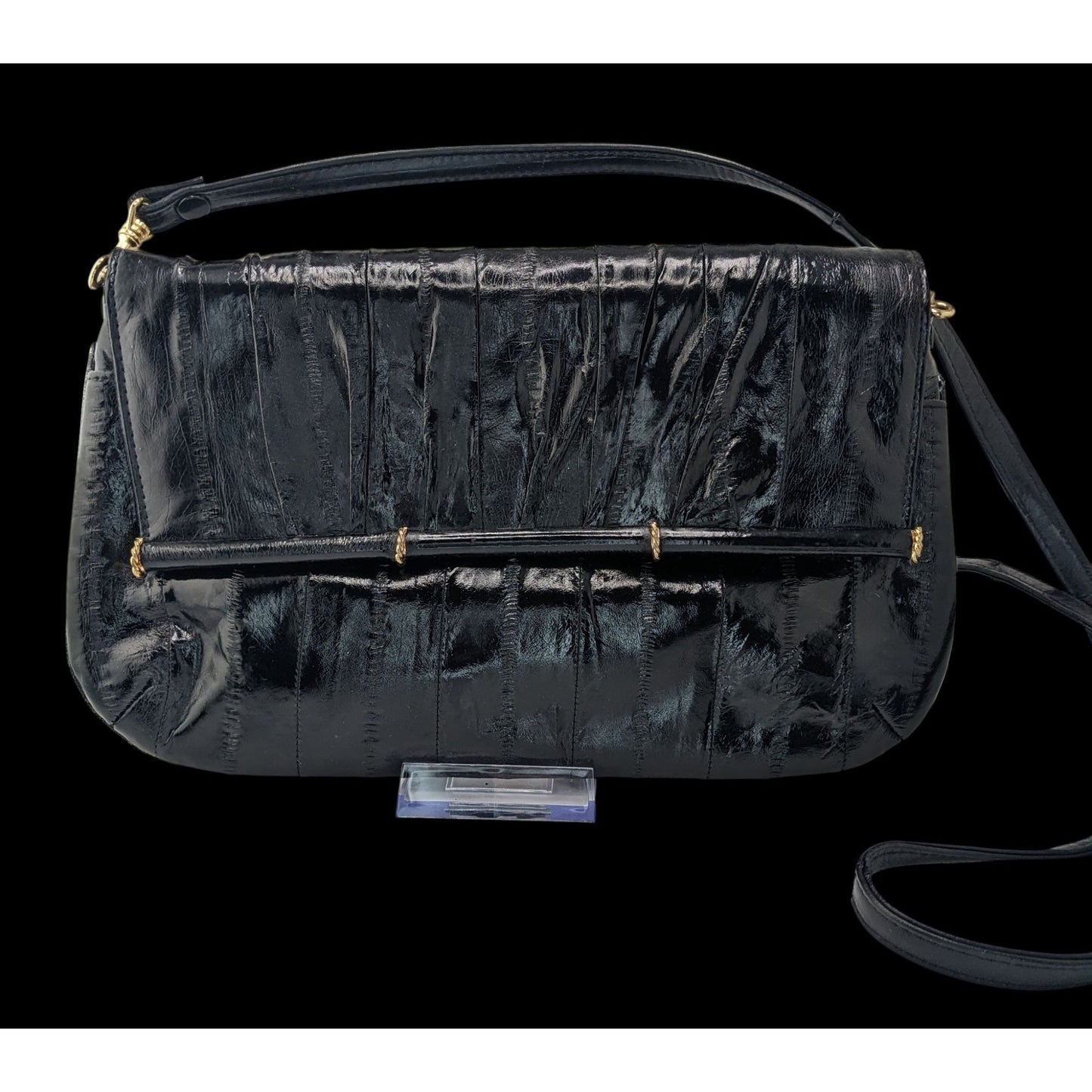 Vintage 80s Black Eel Skin Shoulder Bag With Gold Accents Magnetic Closure