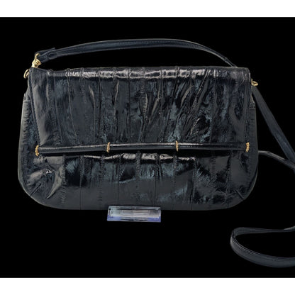 Vintage 80s Black Eel Skin Shoulder Bag With Gold Accents Magnetic Closure