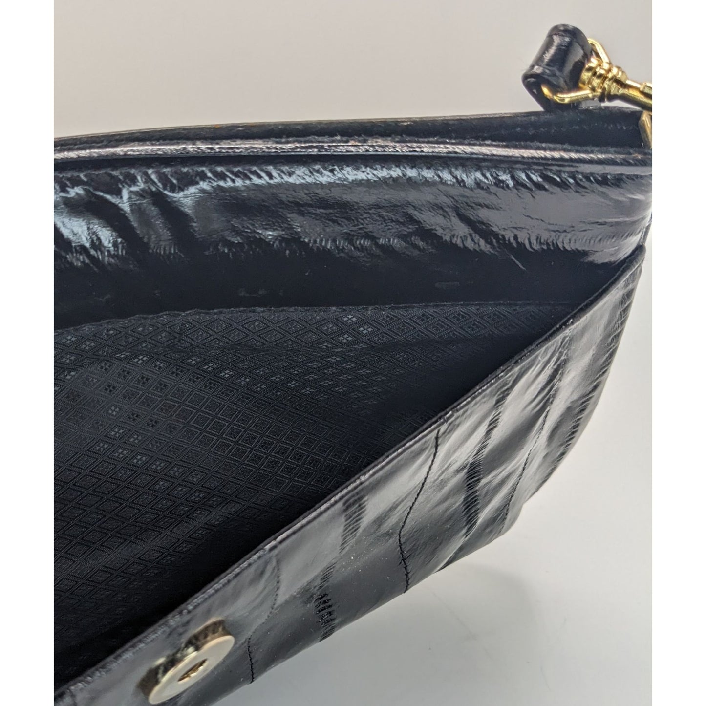 Vintage 80s Black Eel Skin Shoulder Bag With Gold Accents Magnetic Closure