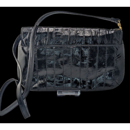 Vintage 80s Black Eel Skin Shoulder Bag With Gold Accents Magnetic Closure