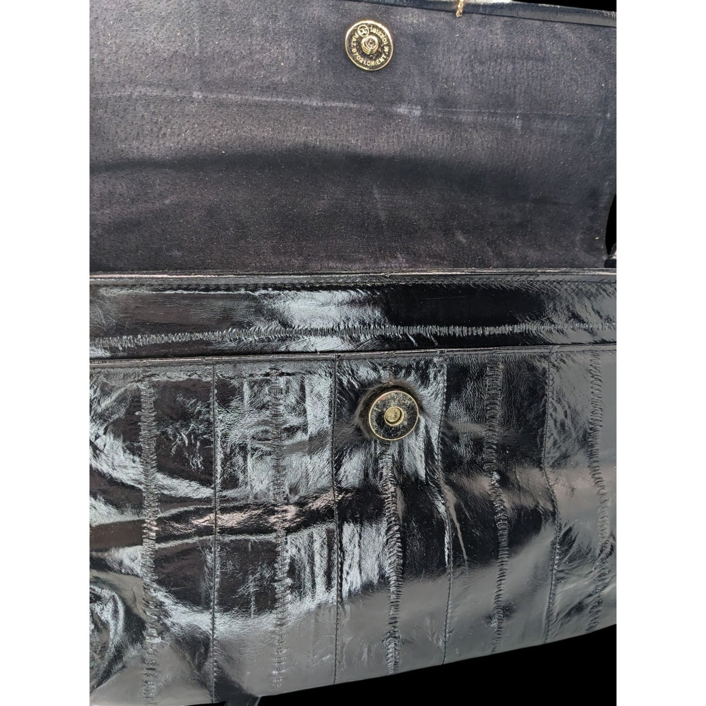 Vintage 80s Black Eel Skin Shoulder Bag With Gold Accents Magnetic Closure
