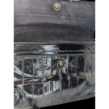 Vintage 80s Black Eel Skin Shoulder Bag With Gold Accents Magnetic Closure