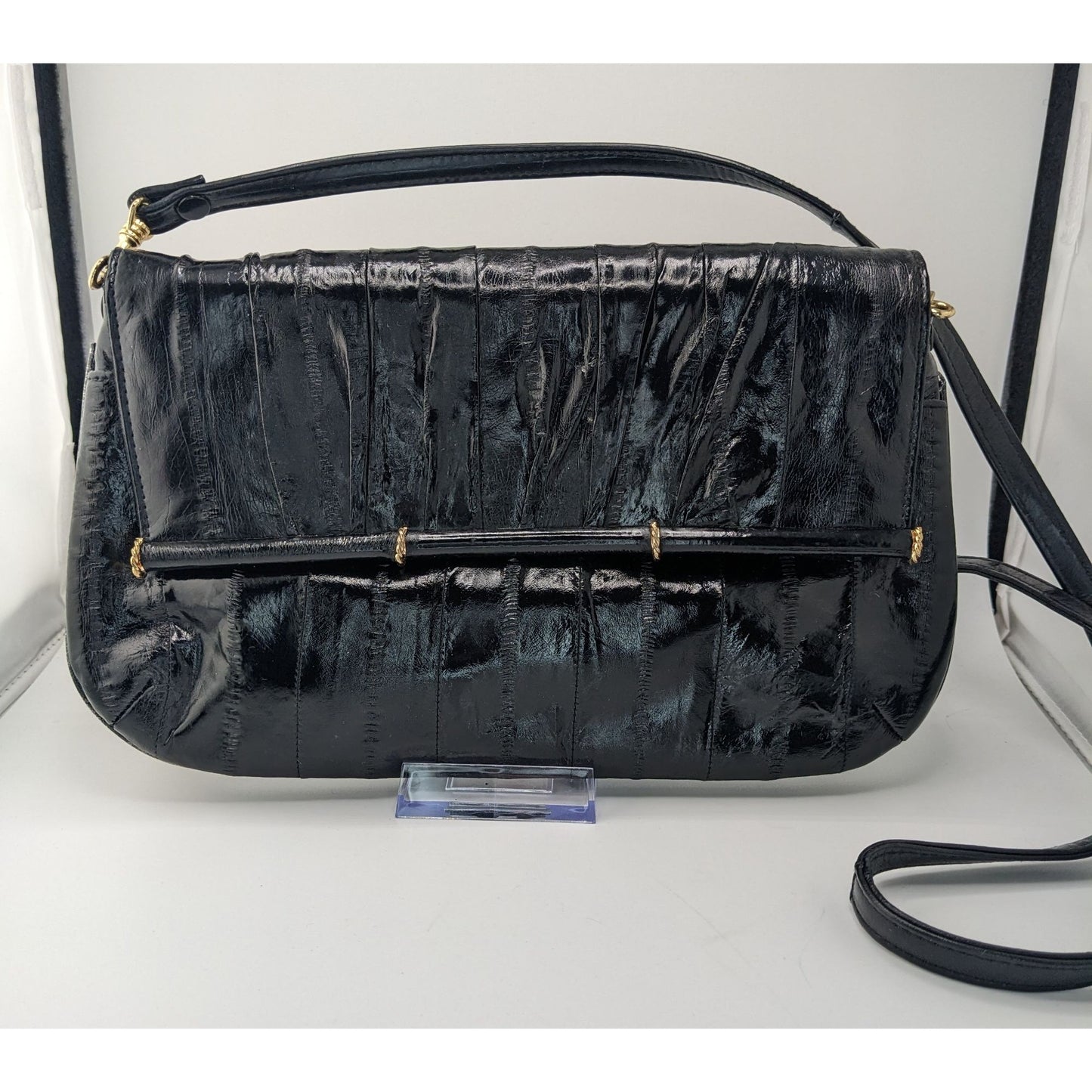 Vintage 80s Black Eel Skin Shoulder Bag With Gold Accents Magnetic Closure