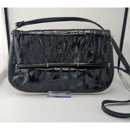 Vintage 80s Black Eel Skin Shoulder Bag With Gold Accents Magnetic Closure