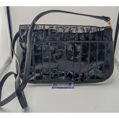 Vintage 80s Black Eel Skin Shoulder Bag With Gold Accents Magnetic Closure