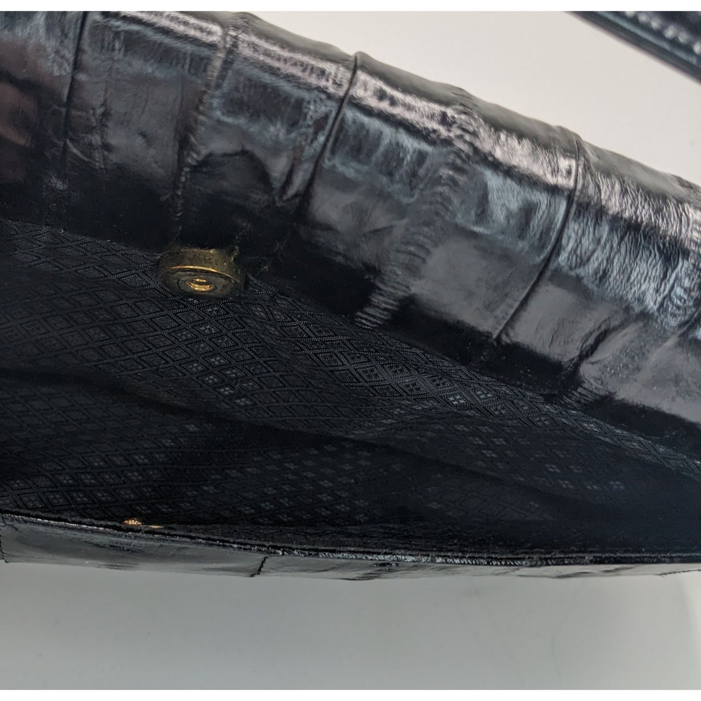 Vintage 80s Black Eel Skin Shoulder Bag With Gold Accents Magnetic Closure
