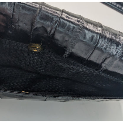 Vintage 80s Black Eel Skin Shoulder Bag With Gold Accents Magnetic Closure