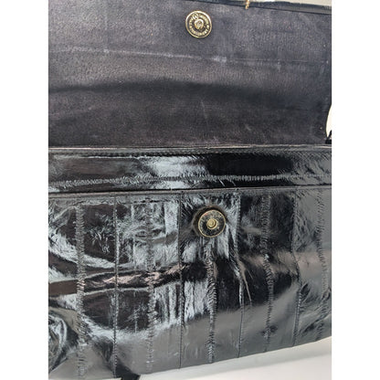 Vintage 80s Black Eel Skin Shoulder Bag With Gold Accents Magnetic Closure