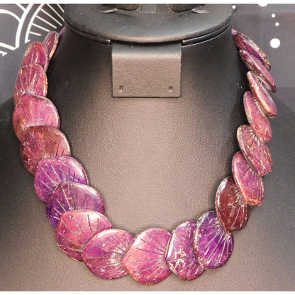 Vintage Carved Wood Lotus Leaf Purple Dyed Necklace