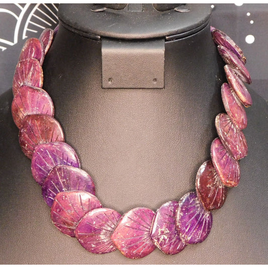Vintage Carved Wood Lotus Leaf Purple Dyed Necklace