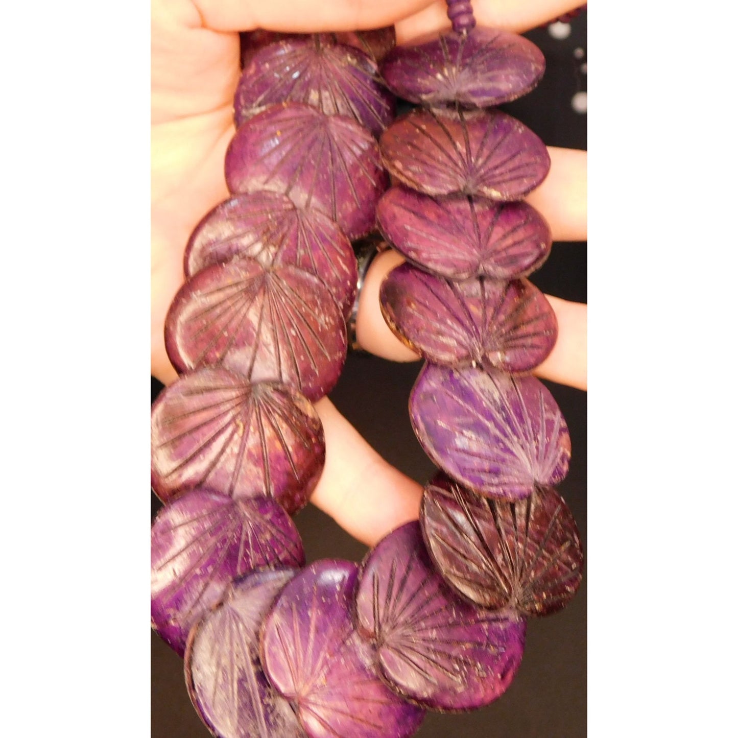 Vintage Carved Wood Lotus Leaf Purple Dyed Necklace