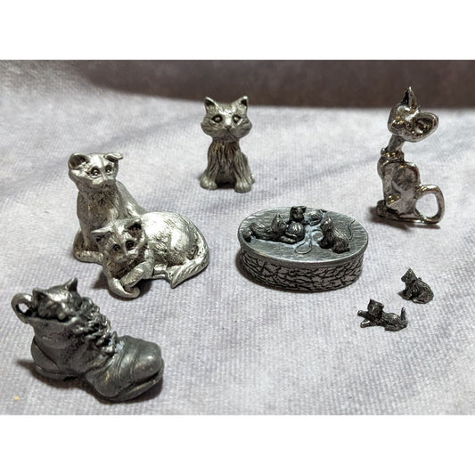 Vintage Miniature Pewter Cat Set (7)