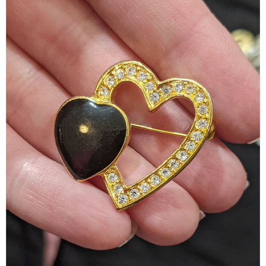 Gold Tone And Black Double Heart Rhinestone Brooch