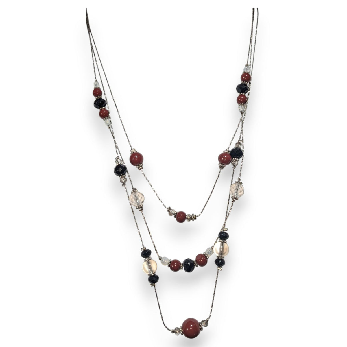 Gothic Glam Layered Red Black Clear Beaded Necklace 18 Inch
