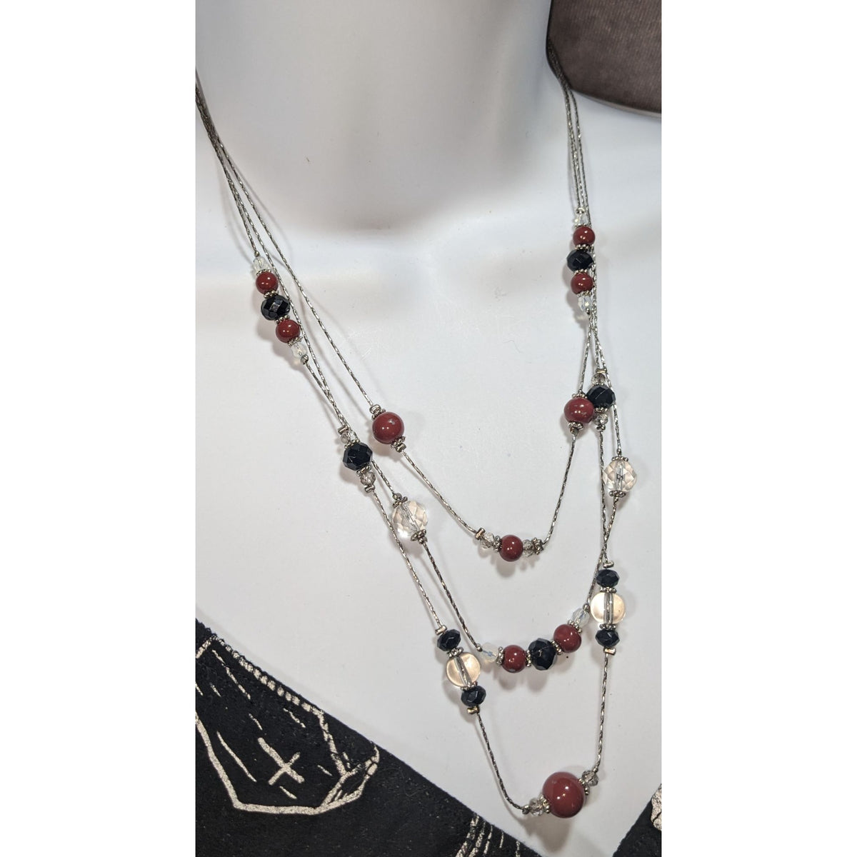 Gothic Glam Layered Red Black Clear Beaded Necklace 18 Inch