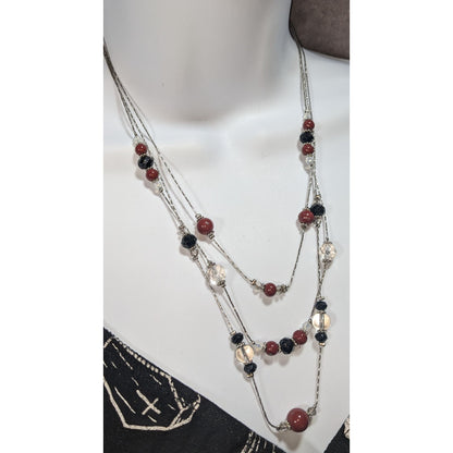 Gothic Glam Layered Red Black Clear Beaded Necklace 18 Inch