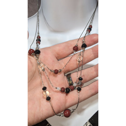 Gothic Glam Layered Red Black Clear Beaded Necklace 18 Inch