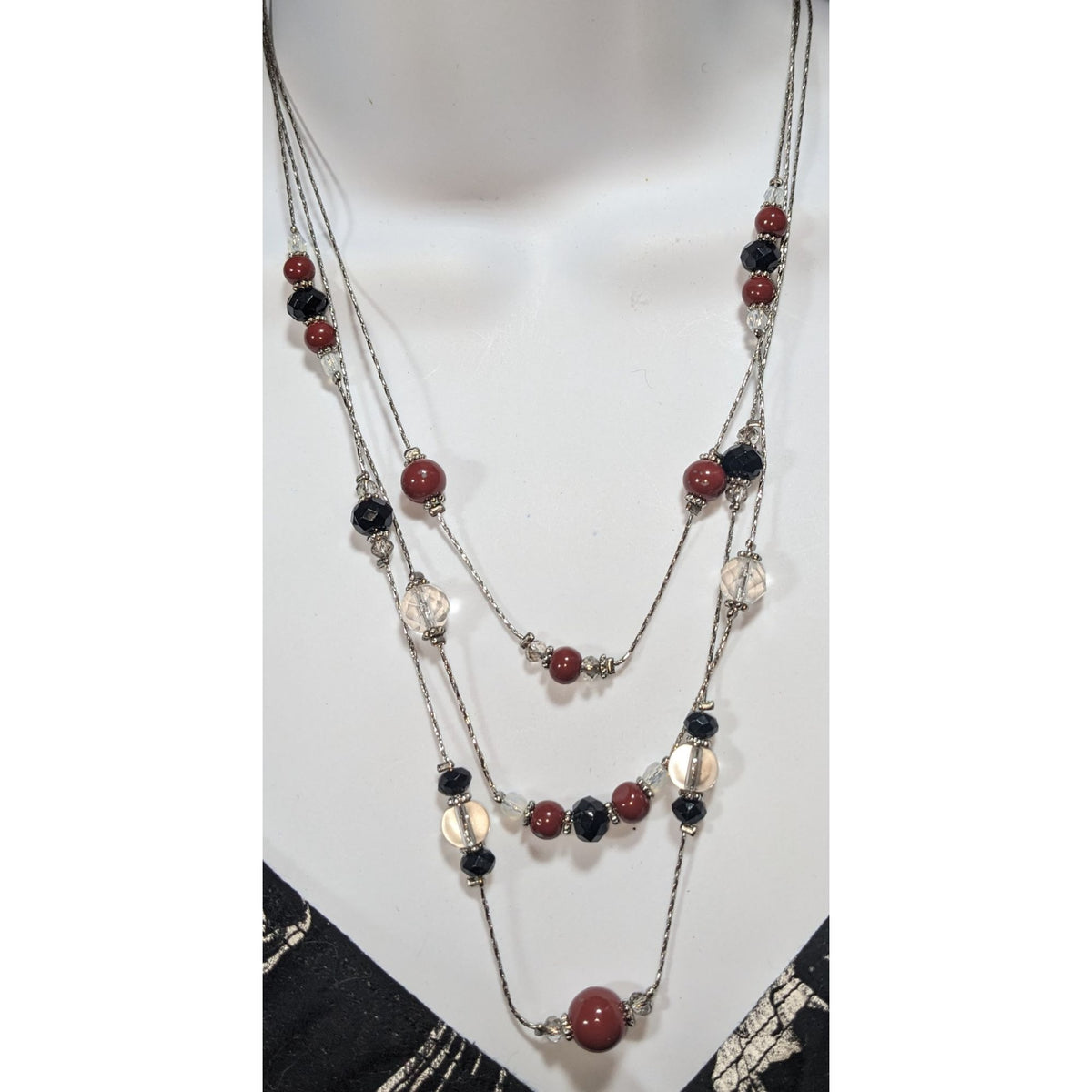 Gothic Glam Layered Red Black Clear Beaded Necklace 18 Inch