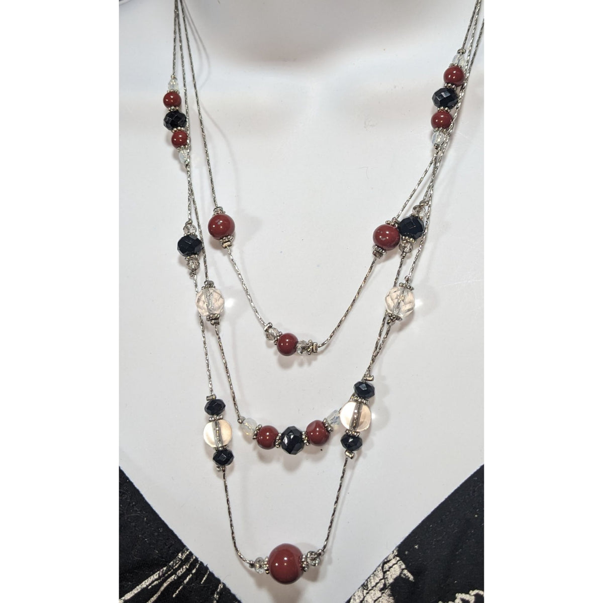 Gothic Glam Layered Red Black Clear Beaded Necklace 18 Inch