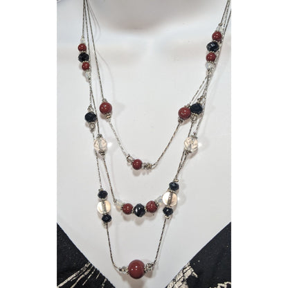 Gothic Glam Layered Red Black Clear Beaded Necklace 18 Inch