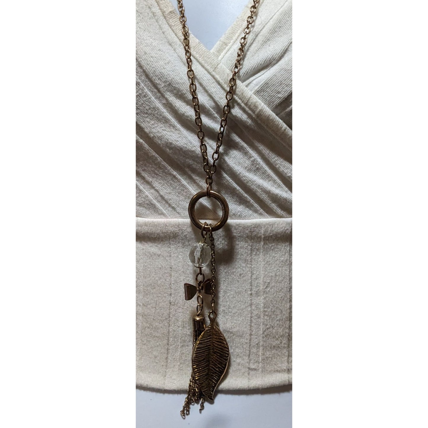 Gold Coquette Bow And  Leaf Tassel Necklace