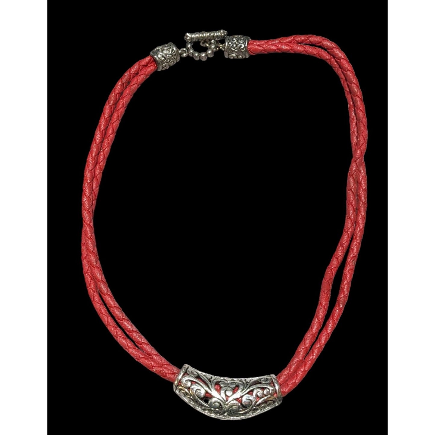 Red And Silver Faux Leather Floral Necklace