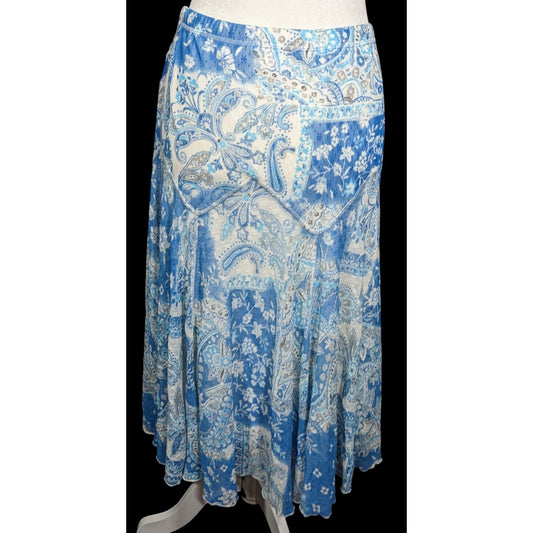 Vintage 90s Bohemian Coldwater Creek Blue And White Paisley SKirt